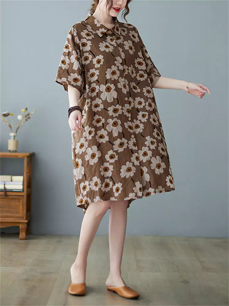 Summer Loose Fit Vintage Floral Short Sleeve Cotton Linen Shirt Dress