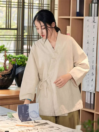 Vintage-Bluse aus gewaschenem Leinen-Baumwoll-Mischgewebe im chinesischen Stil mit Stehkragen für Damen