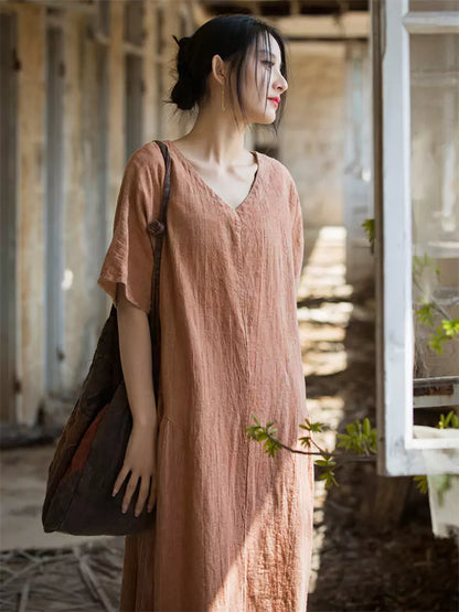 Neues handgefärbtes Maxikleid aus Ramie im chinesischen Stil mit V-Ausschnitt für Damen