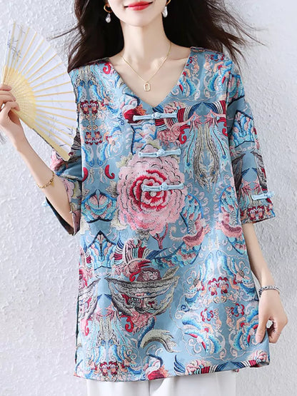 Elegante, orientalische Bluse mit halben Ärmeln, floralem Print und Froschknöpfen für Damen