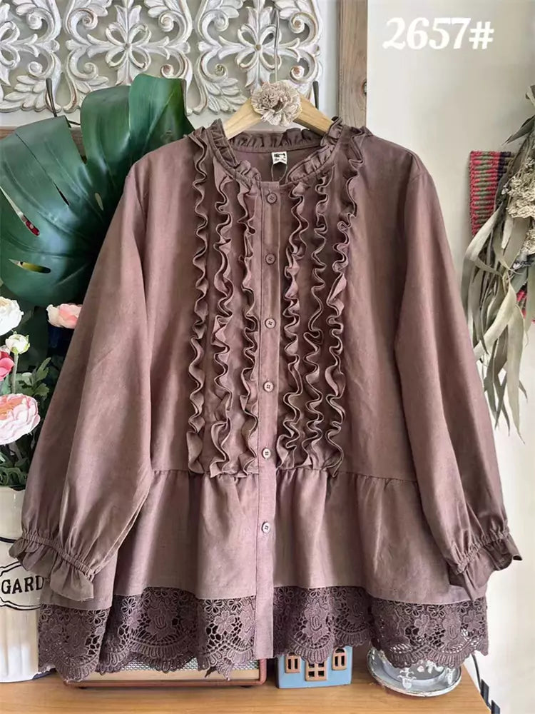 Blusa de lino y algodón con volantes estilo japonés para mujer, manga larga