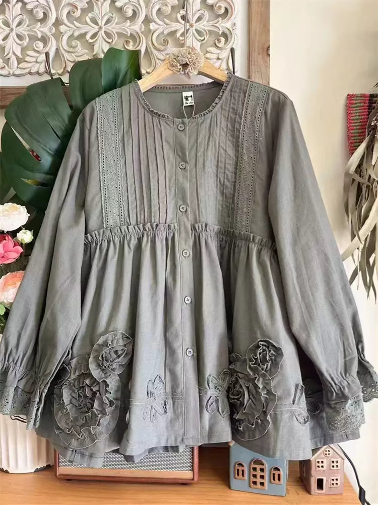 Women's Cotton Accordion Pleated Long Sleeve Heavy Embroidered Babydoll Blouse