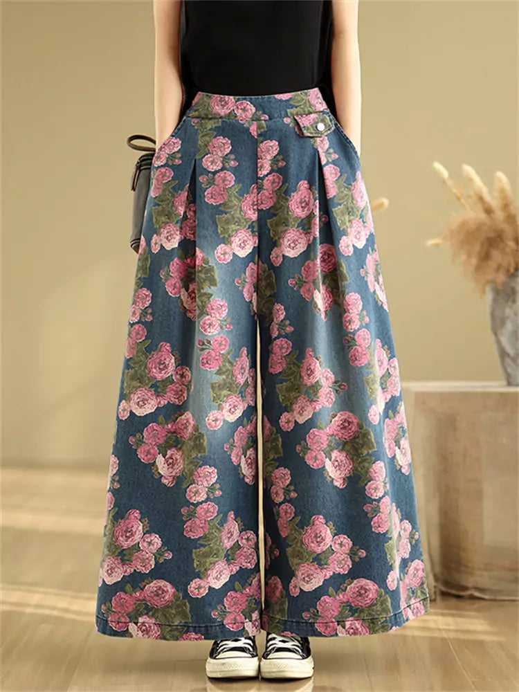 Plus Size Vintage Floral Printed Denim Wide Leg Pants for Women