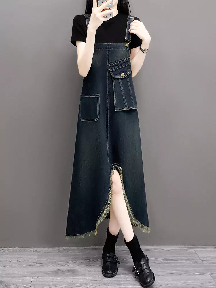 Front Slit Loose Fit Denim Overall Dress for Women with Raw Hem Trendy Style