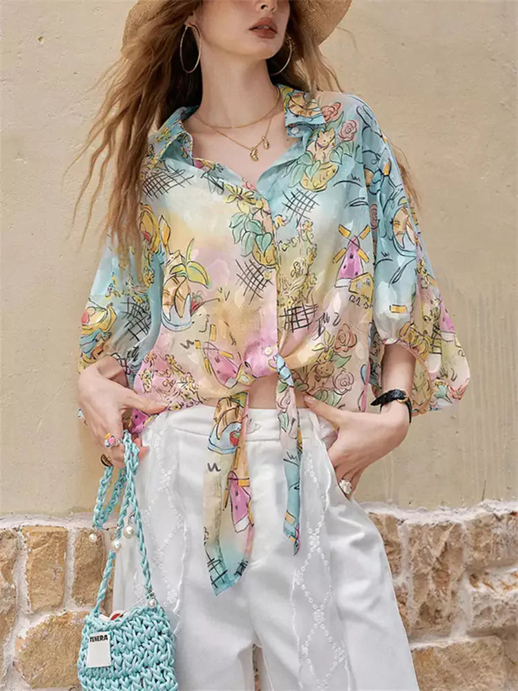 All-Over Print Tie-Up Long Sleeve Vacation Style Beach Blouse for Women