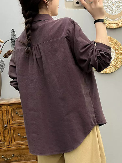 Camisa de manga larga de algodón cepillado con bordado intenso para mujer