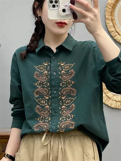 Camisa de manga larga de algodón cepillado con bordado intenso para mujer