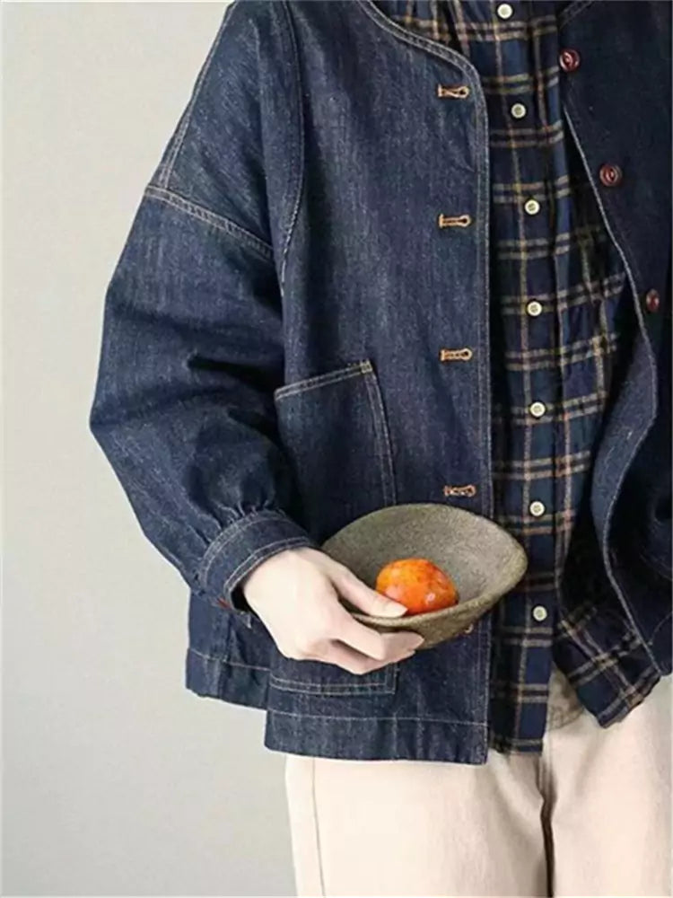 Vintage Artistic Washed Round Neck Cotton Denim Jacket for Women