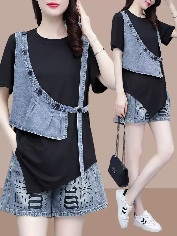 Camiseta de dos piezas con diseño asimétrico de patchwork y manga corta para mujer.