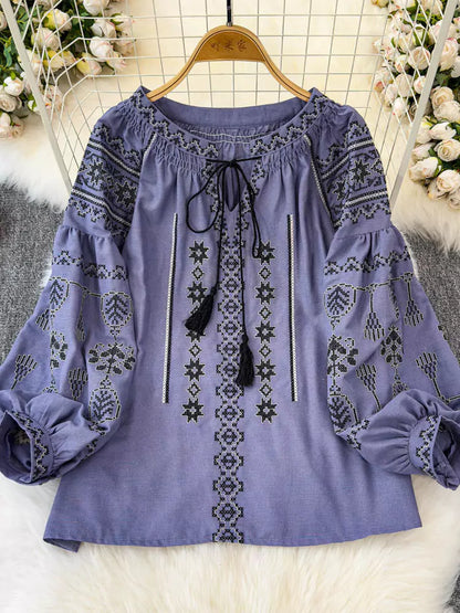 Ethno-Stil, bestickte, locker sitzende Bluse mit Laternenärmeln und Bindebändern für Damen