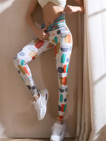 Pantalones de yoga de cintura alta, de secado rápido y sin costuras con estampado de rayas coloridas para mujer