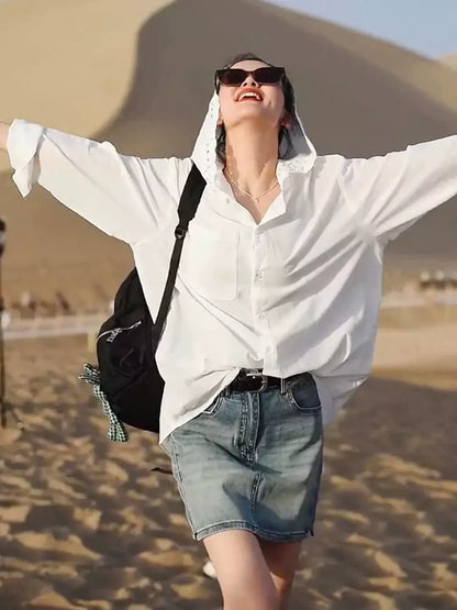 Camisa de sol con capucha de crochet hueco estilo francés para mujer