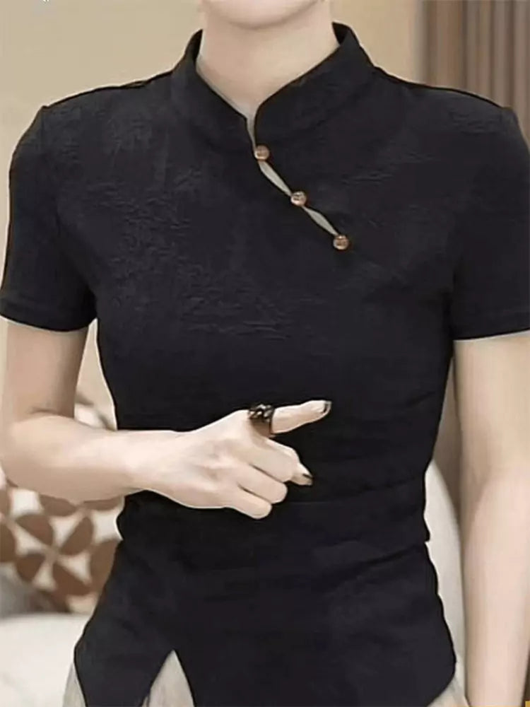 Plus Size Vintage Stand Collar Short Sleeve Irregular Split Hem Blouse