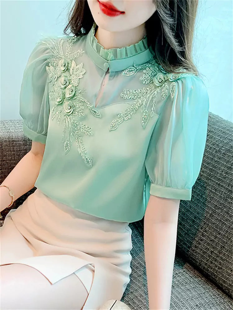Summer Puff Sleeve 3D Flower Chiffon Blouse for Women