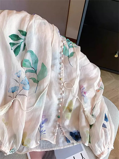 Sonnenschutz-Shirt mit Blumenmuster im Urlaubsstil zum Binden für Damen