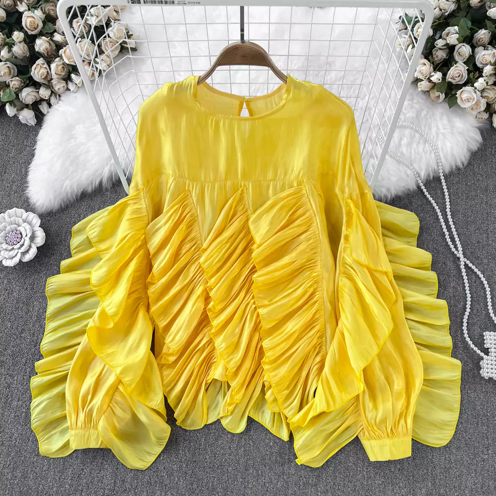 Stylish Elegant Ruffle Trim Round Neck Loose Long Sleeve Blouse for Women