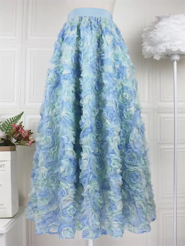 Elegant Fairy-Style Long Tulle Skirt with 3D Floral Details