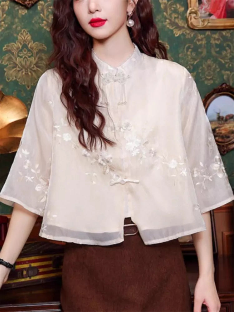 Elegant Heavy Embroidered Stand Collar Blouse for Women with Frog Buttons