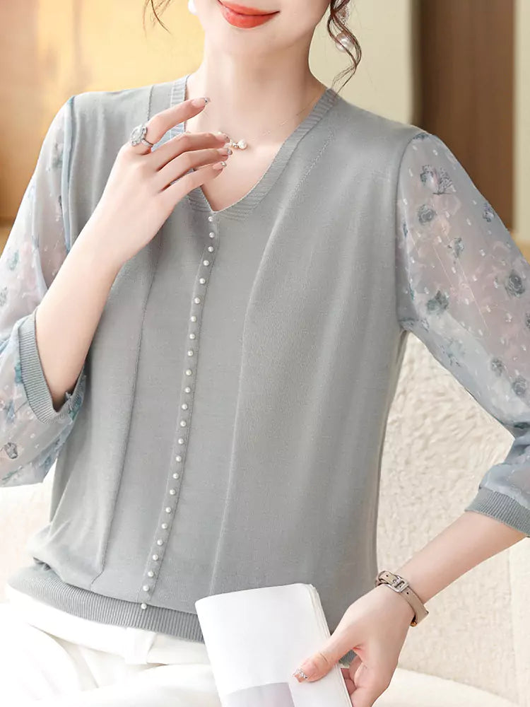 Trendy V-Neck Knit Top with Sheer Mesh Sleeves for Women