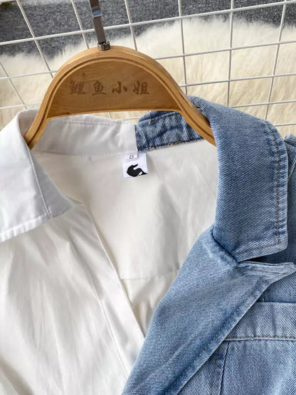 Asymmetrisches, langärmeliges Jeans-Patchwork-Hemdkleid für Damen