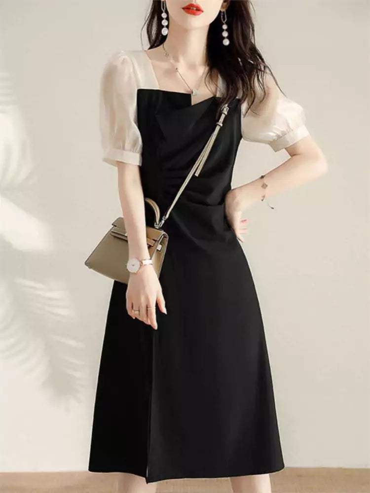 French Style Colorblock Slim Fit Split Chiffon Short Sleeve Midi Dress