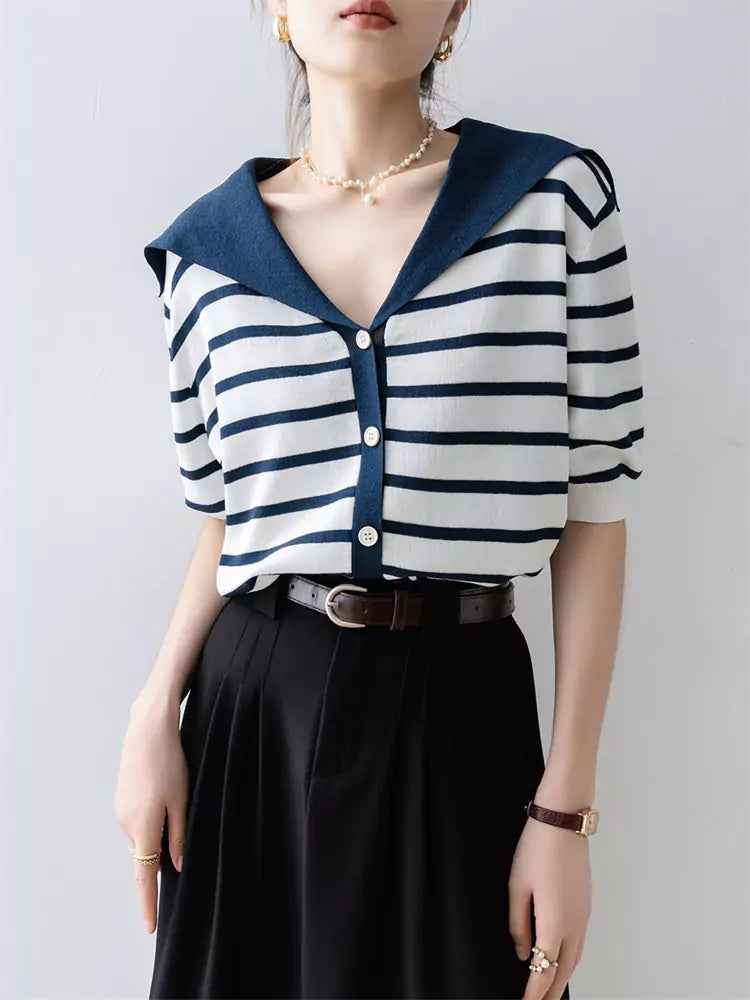 Top de punto de seda hielo a rayas azules con cuello marinero para mujer
