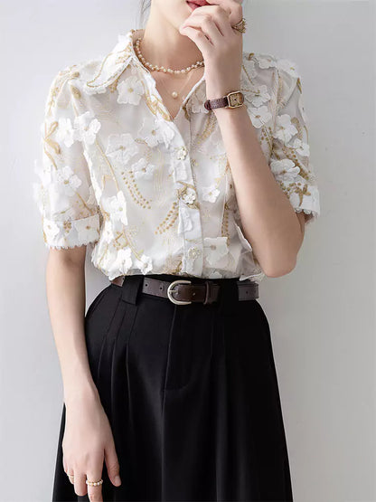 Elegante Damenbluse mit Blumenstickerei, kurzärmelig, Sommer
