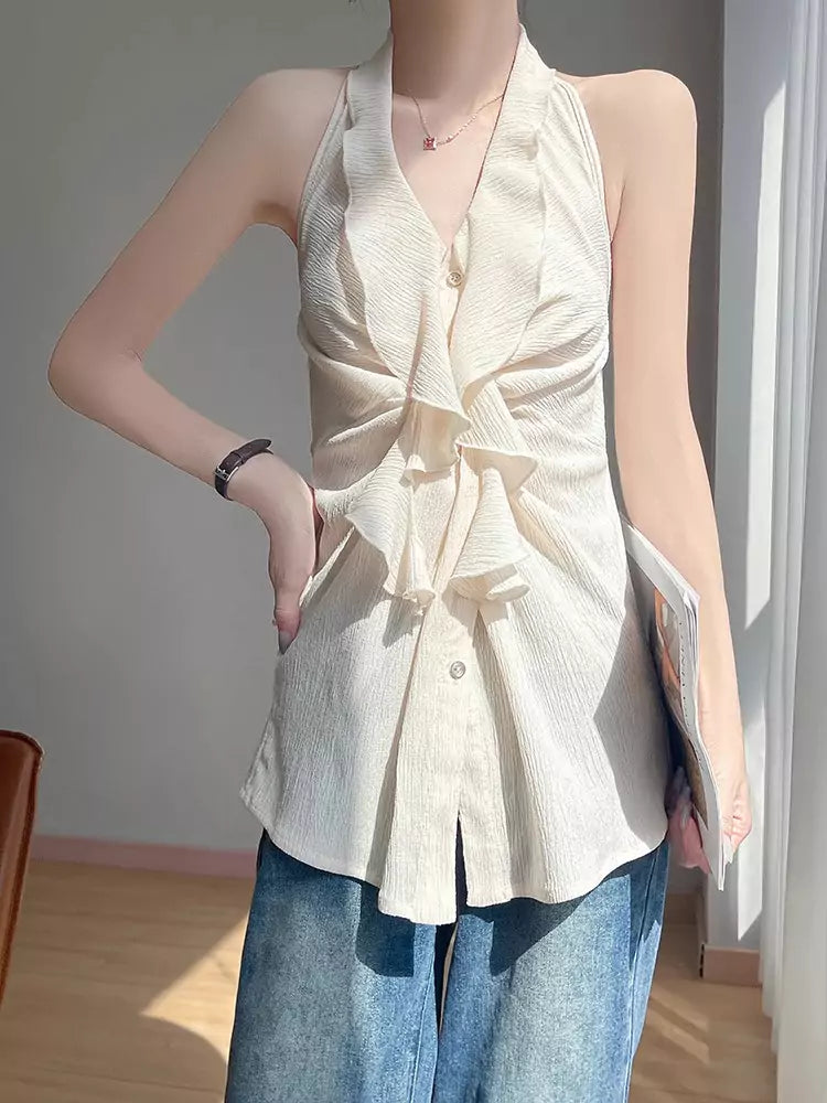 French Style Black Halter Neck Sleeveless Tank Top for Women