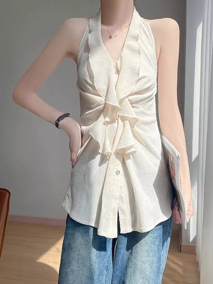 Ärmelloses, schwarzes Tanktop im französischen Stil mit Neckholder für Damen