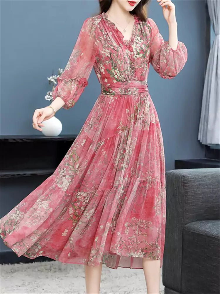 Elegante vestido midi de seda morera con estampado ceñido para mujer