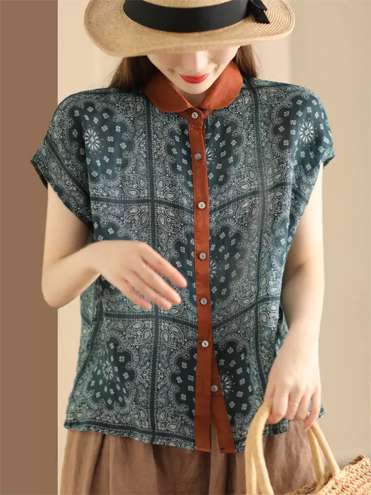 Vintage Dyed Floral Ramie Colorblock Short Sleeve Shirt for Women