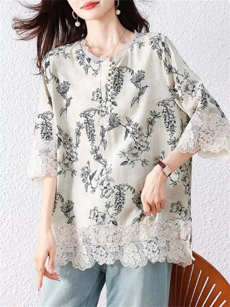 Fashion Printed Lace Patchwork Loose Fit Shirt for Women Plus Size