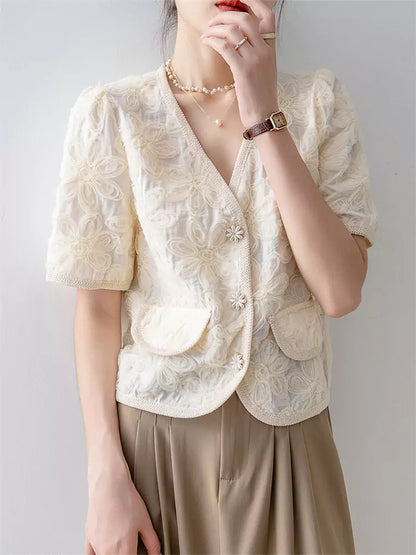 Aprikosenfarbenes Kurzarmhemd im französischen Stil mit V-Ausschnitt und Puffärmeln für Damen