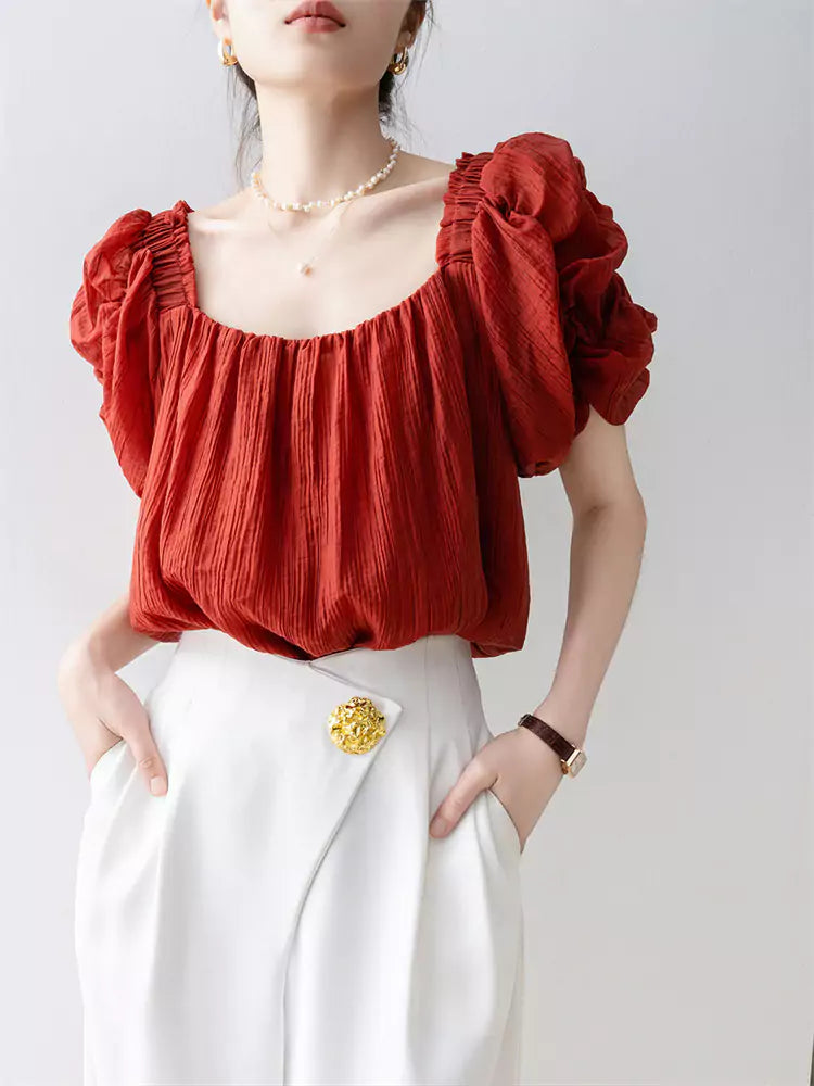 French Style Red Square Neck Chiffon Short Sleeve Shirt for Women
