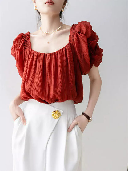 Französisches rotes Chiffon-Kurzarmhemd mit eckigem Ausschnitt für Damen