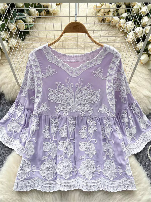Vintage-Bluse im Boho-Stil, gelb, mit Häkelspitze und 3/4-Ärmeln, für Damen