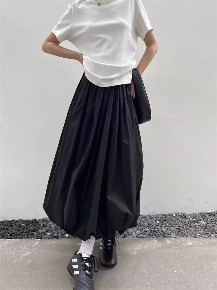 Japanese Style Black Pleated Puff A-Line Midi Skirt for Women