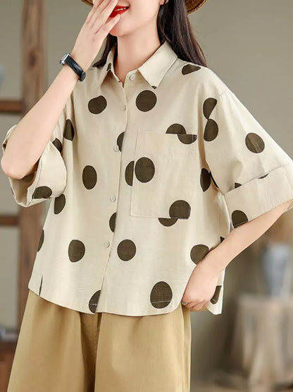 Vintage Polka Dot Cotton Linen Short Sleeve Shirt for Women