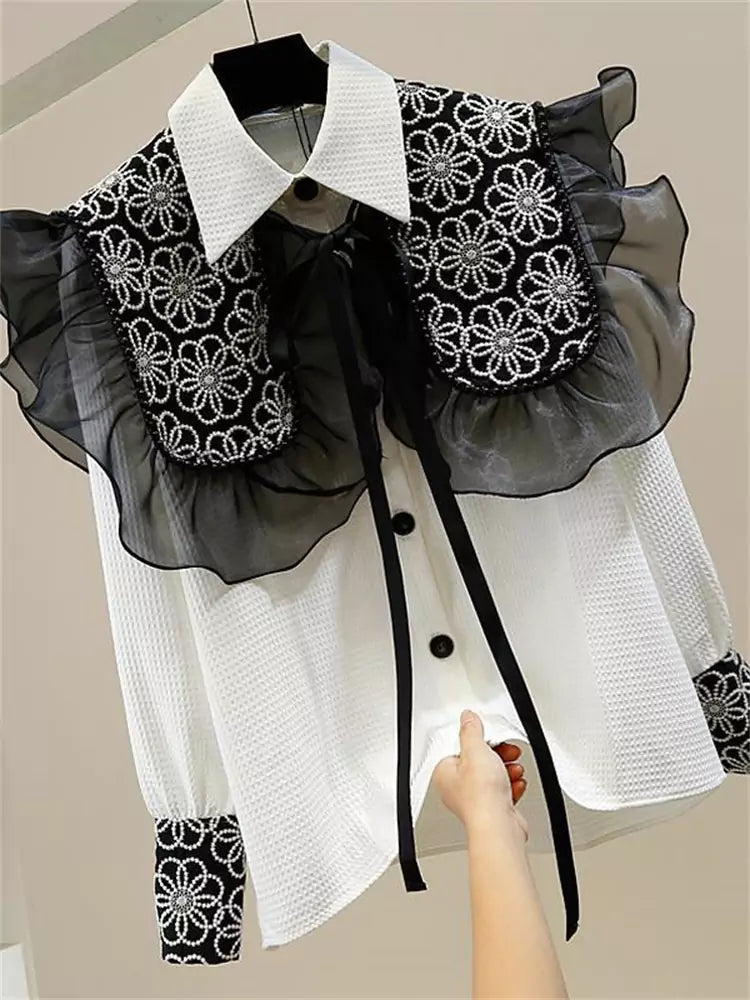 Sweet Embroidered Ruffle Trim Button-Up Shirt with Tie Cape Two-Piece Set for Women