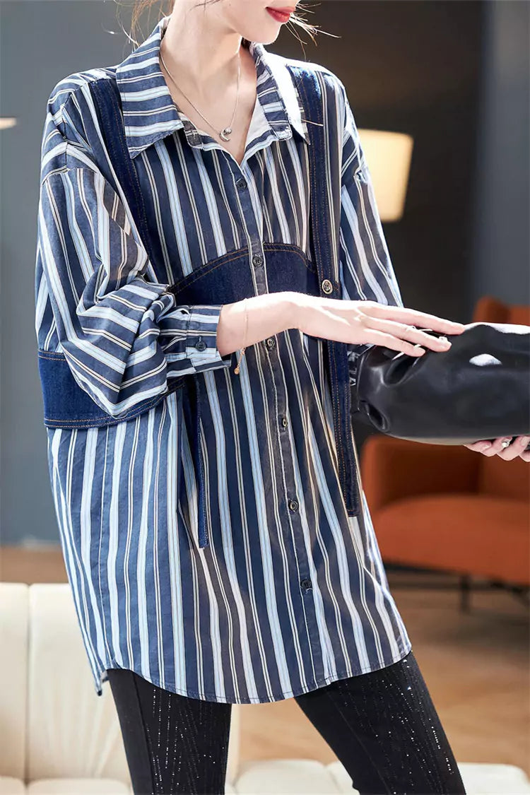 Korean Style Denim Stripe Colorblock Patchwork Long Sleeve Shirt for Women