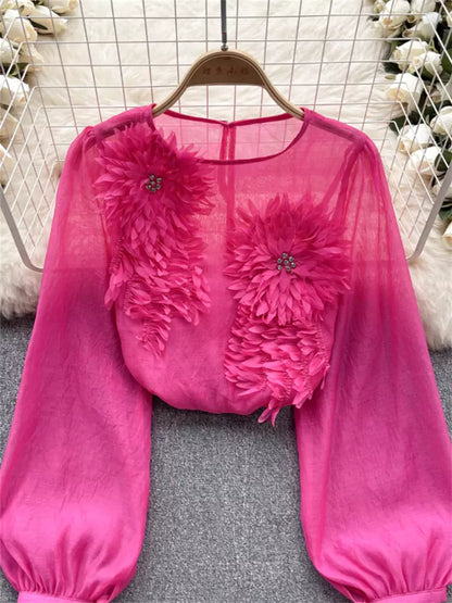 Französische 3D-Blumenbluse mit Puffärmeln und schmaler Passform für Damen