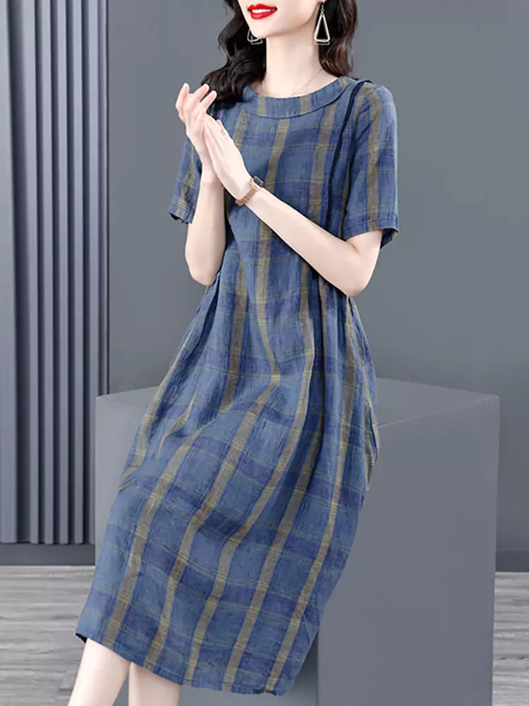 Elegant Plus Size Plaid Short Sleeve Midi Dress for Women