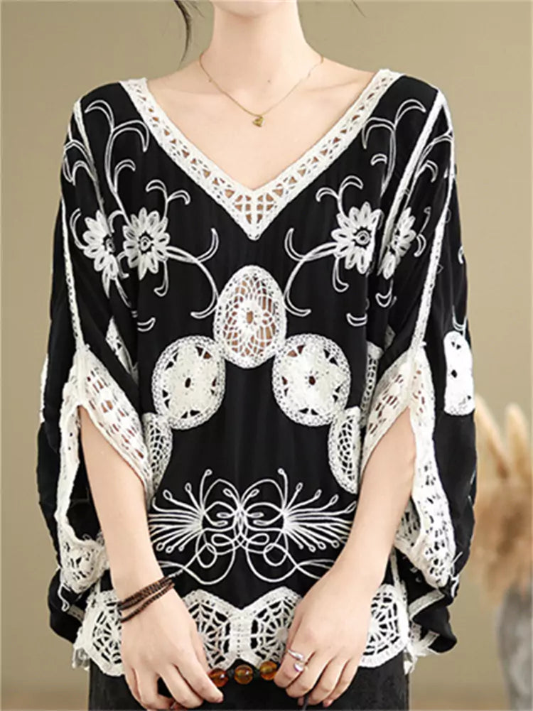 Summer Loose Fit V-Neck Lace Patchwork Embroidered Batwing Blouse for Women