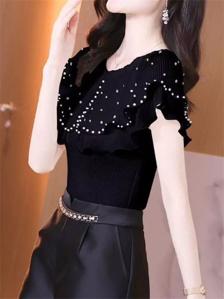 Stylish Cropped Knit Short Sleeve Top with Rhinestone Ruffle Collar for Women