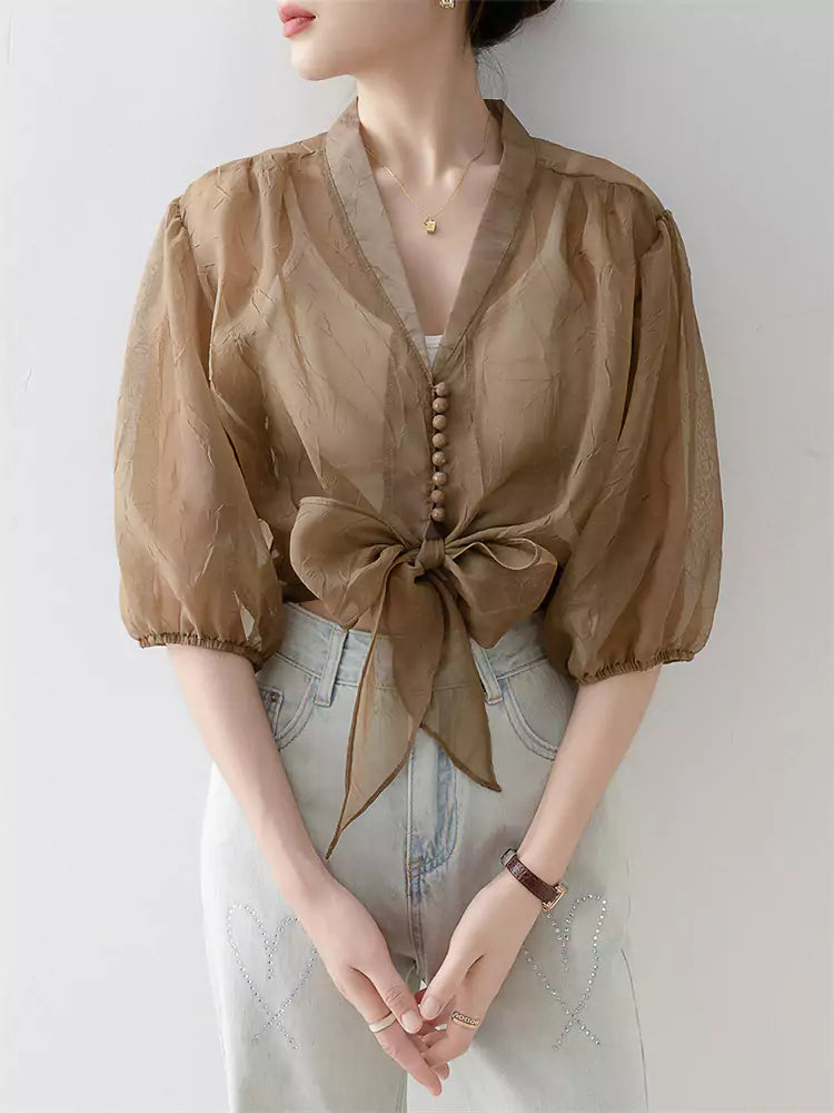 Lightweight V-Neck Chiffon Sun-Protective Blouse with Lantern Sleeves for Women