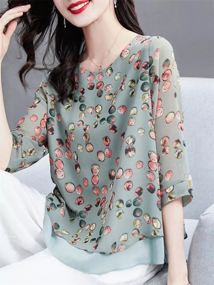 Trendy Plus Size Printed Short Sleeve Chiffon Blouse for Women