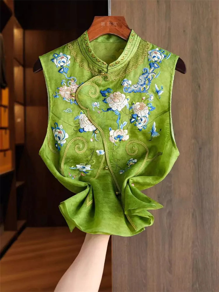 Chaleco tradicional chino bordado de satén de organza verde para mujer