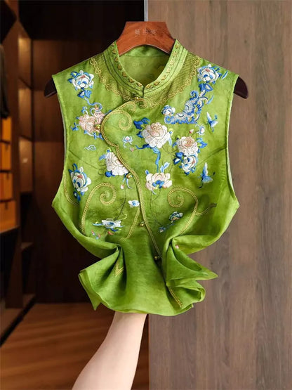 Grüne, bestickte Weste aus Organza-Satin im traditionellen chinesischen Stil für Damen