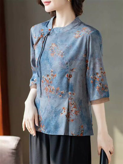 Vintage-Bluse mit Stehkragen und Print, halben Ärmeln für Damen