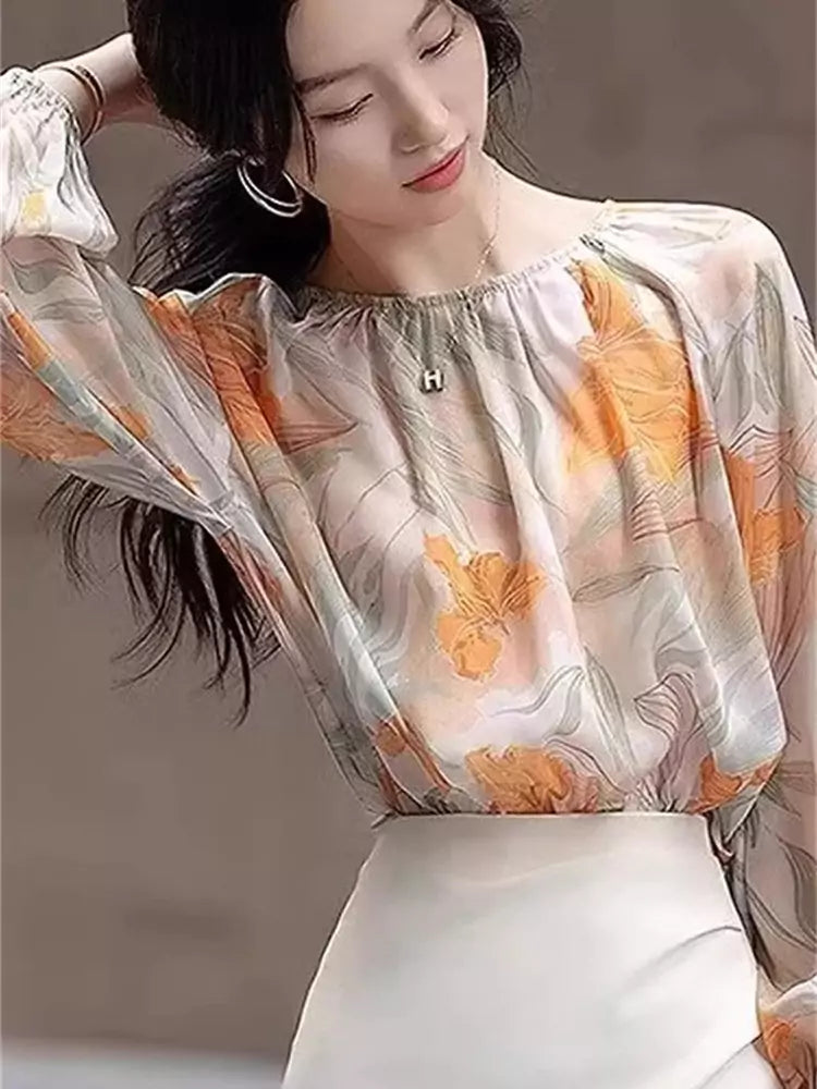 French Style Printed Round Neck Chiffon Blouse for Women Lantern Sleeve